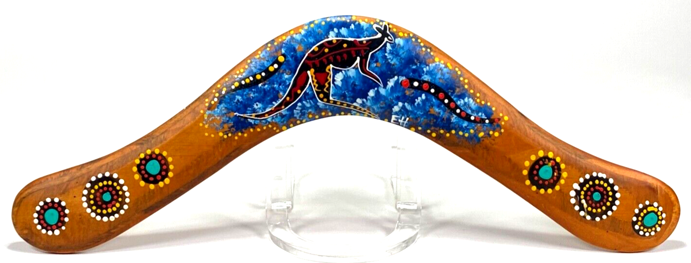Authentic Hand Painted Australian Boomerang Kangaroo 16” Wood Art-Eddy H... - $32.73