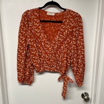 Lucky Brand Orange Floral Lace Faux Wrap Boho Long Sleeve Crop Top Size Small - £20.15 GBP