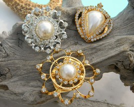 Vintage Scarf Clips Rhinestones Faux Pearls Lot of 3 Ornate Dressy - £22.08 GBP