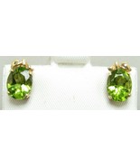 14k Yellow Gold 2.ct Green Apple Oval Peridot Post Earrings Stem Leaves ... - $277.46 CAD