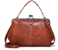 Segater Women Retro Hollow Oil Wax PU Leather Handbag Kiss Lock Crossbody Purse - £15.62 GBP
