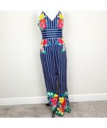 Chicways Floral and Striped Jumpsuit Size Large Hibiscus Flower Vneck blue - $20.93