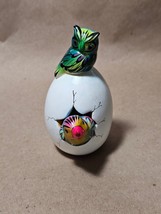 Cracked Egg Clay Pottery Bird Green Owl Parrot Hand Painted Signed Mexic... - £11.75 GBP