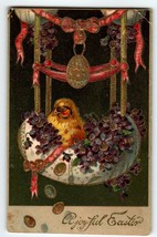 Easter Postcard Baby Chick Sits In Purple Flower Basket Germany 1909 Gold Trim - £7.90 GBP