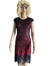 Beautiful 20s Flapper Dress Red with Black Lace Sequins and Beads Great ... - £39.56 GBP