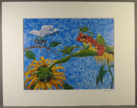 Art Print Blue Mosaic Frog &amp; Sunflower Matte 14&quot; x 11&quot; Jon Blanco Leap of Faith. - £8.47 GBP