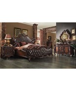 Versailles Queen Bed, Two Tone Dark Brown Faux Leather &amp; Cherry Oak Finish - $5,831.24 CAD