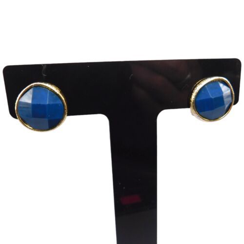 Vintage Blue Faceted Acrylic Bead Clip On Earrings Small Gold Tone 0.5 in.  - $8.42