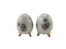 Vintage Enesco Porcelain Footed Foral Purple Easter Egg Salt and Pepper Shakers  - $7.91