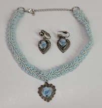 VTG Ceramic Blue Rose Bud Flower Heart Clip On Earrings &amp; Necklace Lot MCM Rare - £26.99 GBP