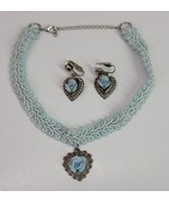 VTG Ceramic Blue Rose Bud Flower Heart Clip On Earrings &amp; Necklace Lot M... - $643.38 MXN