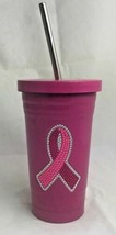 PINK RIBBON CANCER AWARENESS 16 OZ STAINLESS STEEL CUP W/ STAINLESS STEE... - £10.54 GBP