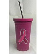 PINK RIBBON CANCER AWARENESS 16 OZ STAINLESS STEEL CUP W/ STAINLESS STEE... - $13.35