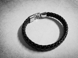 Braided Leather Bracelet 8&quot; Black Leather Cuff REAL LEATHER - £4.16 GBP