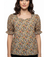 Elegant Floral Women Square Neck Short Sleeve Puffed Sleeves Blouse (XL)... - $15.59