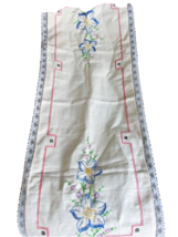 &quot;&#39;EMBROIDERED BLUE FLOWERS ON IVORY LINEN - TABLE RUNNER OR DRESSER SCARF&quot;&quot; - £6.99 GBP