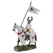 Crusader Champion Bull Horned Knight Flag Bearer On Cavalry Horse Figurine Decor - £38.48 GBP