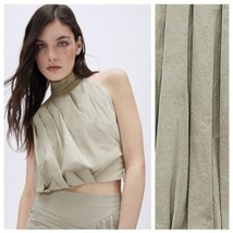 Bloggers Fav Zara Cotton Pleated Crop Top BLOUSE With Halter Collar Khak... - £29.15 GBP