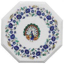 12&quot; White Marble Coffee Table Top Rare Lapis Peacock Inlay Art Mosaic Home Decor - £292.74 GBP