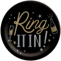 Ring It In New Year 8 Ct Dessert Cake Plates 7&quot; Black Gold Silver - £2.91 GBP