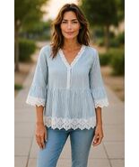 Chelsea &amp; Theodore Sz 2X Blue White Peasant Striped Tunic Lace Trim Boho... - $29.99