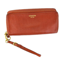 Coach New York Cognac Brown Leather Zip Around Wallet Wristlet - £34.98 GBP