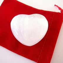 Selenite Carved Puff Heart Set 45mm Info Card Pouch Angel Divine Communication - £6.72 GBP