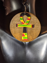 Wood Egyptian Ankh Earrings Brown Red Green Black African Colors Ethnic - £8.70 GBP