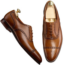 Men&#39;s Brown Color Oxford Medallion Cap Toe Genuine Leather Lace Up Shoes US 7-16 - £110.00 GBP