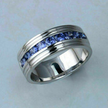 1.00 Ct Round Cut Blue Tanzanite Mens Wedding Band Ring 14K White Gold Over - £73.37 GBP