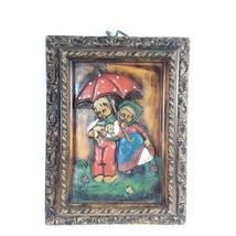 Wax Picture Girl And Boy With Umbrella Painted Vintage - £24.85 GBP