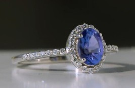 Halo engagement ring blue sapphire ring oval shaped 925sterling silver September - £87.03 GBP