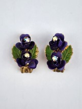 Vintage Gold Tone Enamel Purple Flower Rhinestone Earrings Austria lilac - £21.80 GBP