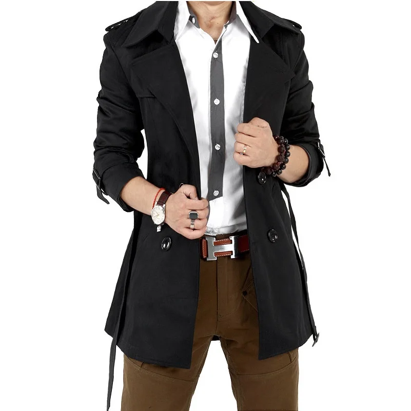 Men&#39;s Windbreaker Jacket Vintage Black Khaki Spring Autumn Business Trench Male  - £179.08 GBP