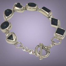 Sterling Silver Mexico Black Enamel Inlay Bracelet 8” 37.5 Grams - £99.05 GBP