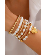 Gold Heart Pendant Pearl Beaded Bracelet Set - $4.37