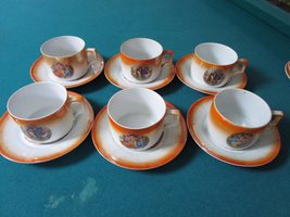 ZSOLNAY Hungary 6 Cups/Saucers Dancing Greek Maidens LUSTERWARE 1940s, - $208.73