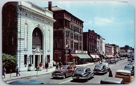 Glens Falls NY Busy Street View Storefronts Old Cars Postcard YMCA - £6.98 GBP