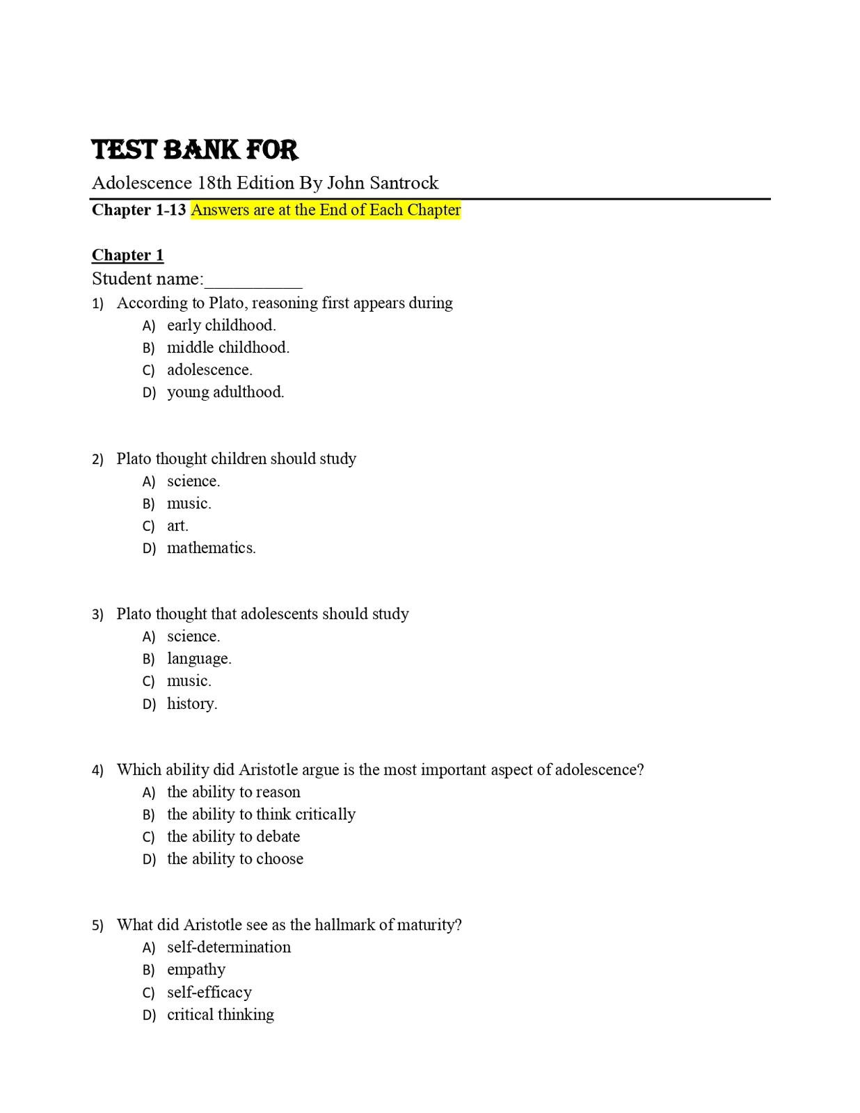 Test Bank For Adolescence 18th Edition By John Santrock Chapter 1-13 - $17.99