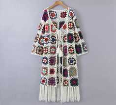 Bohemia Colored Plaid Flower Granny Square Hand Crochet Hem Tassel Fringe Sweate - £63.13 GBP