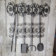 Antique French Spiral Scroll Wrought Forged Iron Fireplace W Wall Hanger - $4,593.71 MXN