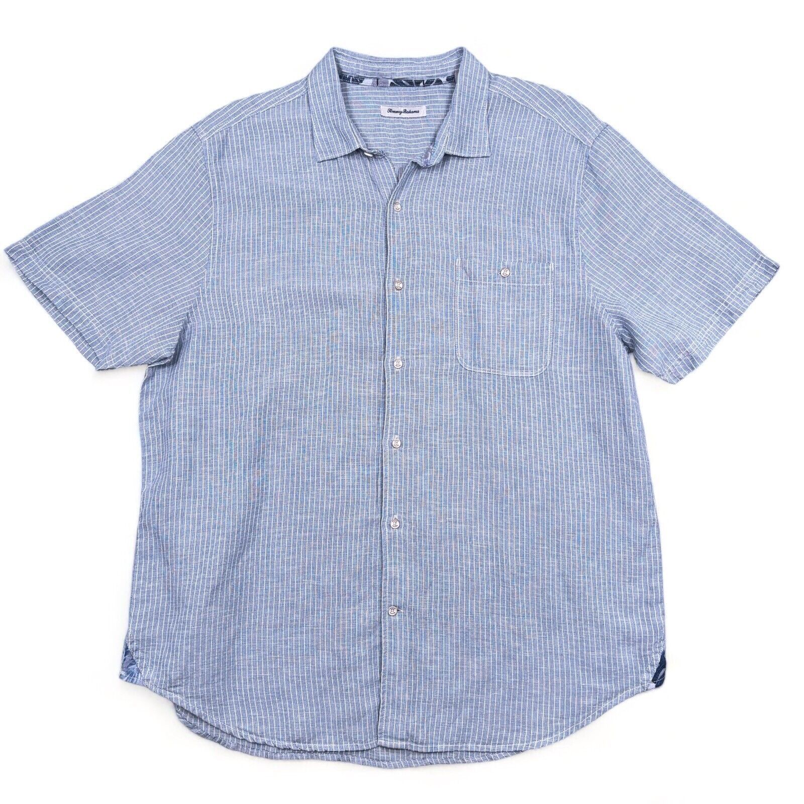 Tommy Bahama Men XL Button Up Shirt Blue Striped Tencel Linen Short Sleeve 26x33 - £14.94 GBP