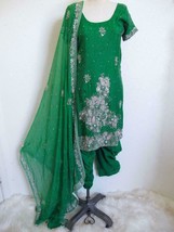 Pakistani Salwar Kameez 3 Pc Set XS Green Silk Embroidered Jewels Pants ... - £55.35 GBP