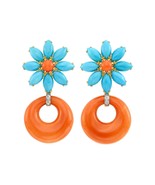 18k Yellow Gold, Turquoise, Coral and Diamond Flower Hoop Earrings 1-1/2... - $3,564.00