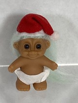 Santa Hat Baby Troll Doll RUSS Brown Eyes Light Blue Hair Christmas - £4.97 GBP