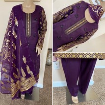 Pakistani Purple Plain Straight Shirt 3-PCS Lawn Suit w/ Threadwork ,L - $79.04 CAD
