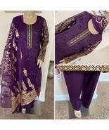 Pakistani Purple Plain Straight Shirt 3-PCS Lawn Suit w/ Threadwork ,L - £46.21 GBP