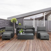 Patio Rattan Furniture Set 6 Pieces Space Saving Cushioned No Assembly-Gray - £1,119.38 GBP