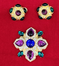 Vintage Joan Rivers Brooch Pin &amp; Earrings Crystal Maltese Cabochons Cross - £226.07 GBP