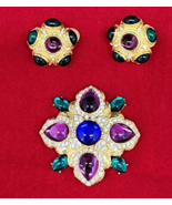 Vintage Joan Rivers Brooch Pin &amp; Earrings Crystal Maltese Cabochons Cross - £227.25 GBP